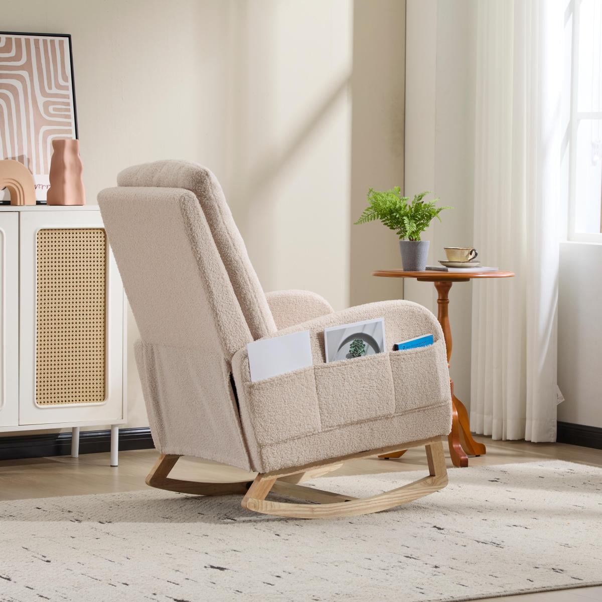 Modern Rocking Chair with High Backrest, Footrest & Side Pocket, Upholstered Nursery Glider for Living Room, Beige