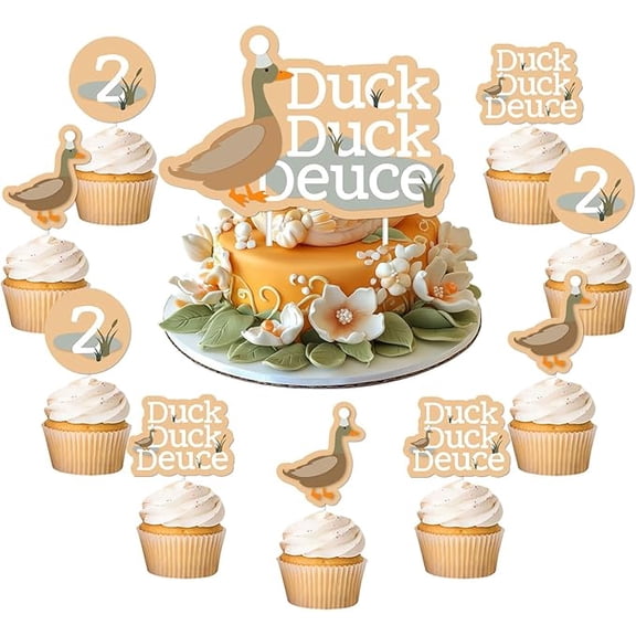 25Pcs Mallard Duck 2nd Birthday Cake Cupcake Toppers Duck Duck Deuce Birthday Decorations Duck Hunting Cake Decor Double-Sided Printed for Duck Themed 2nd Birthday Party Decor Supplies