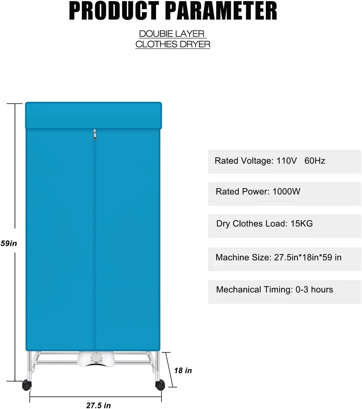 DICEEVIL 1000W Portable Clothes Dryer, Electric Clothes Dryers Rack with Timer, Double Layer Stackable Foldable Drying Machine, Stainless Steel Dryer for Apartment, Travel, RV, Campers, 110V, Blue