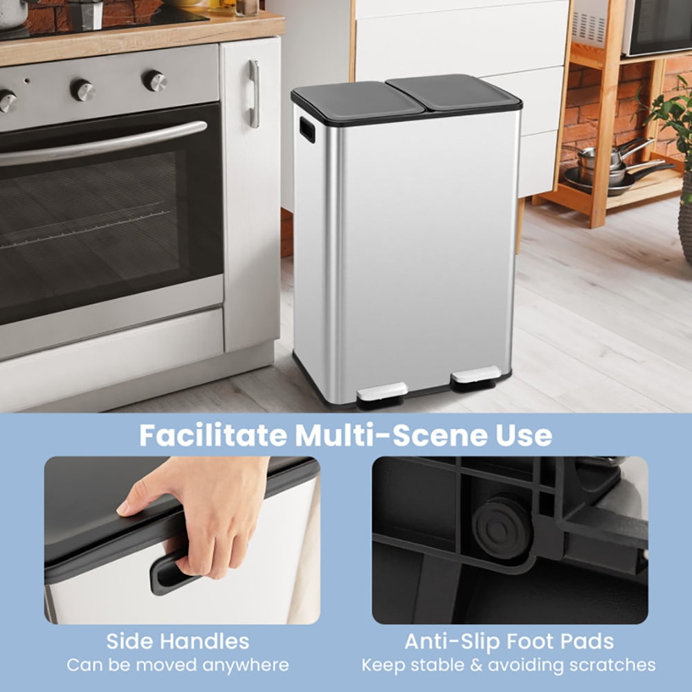 Spaco 2 x 8 Gal Dual Compartment Trash Can-Silver, Kitchen Trash Can for Office, Silver