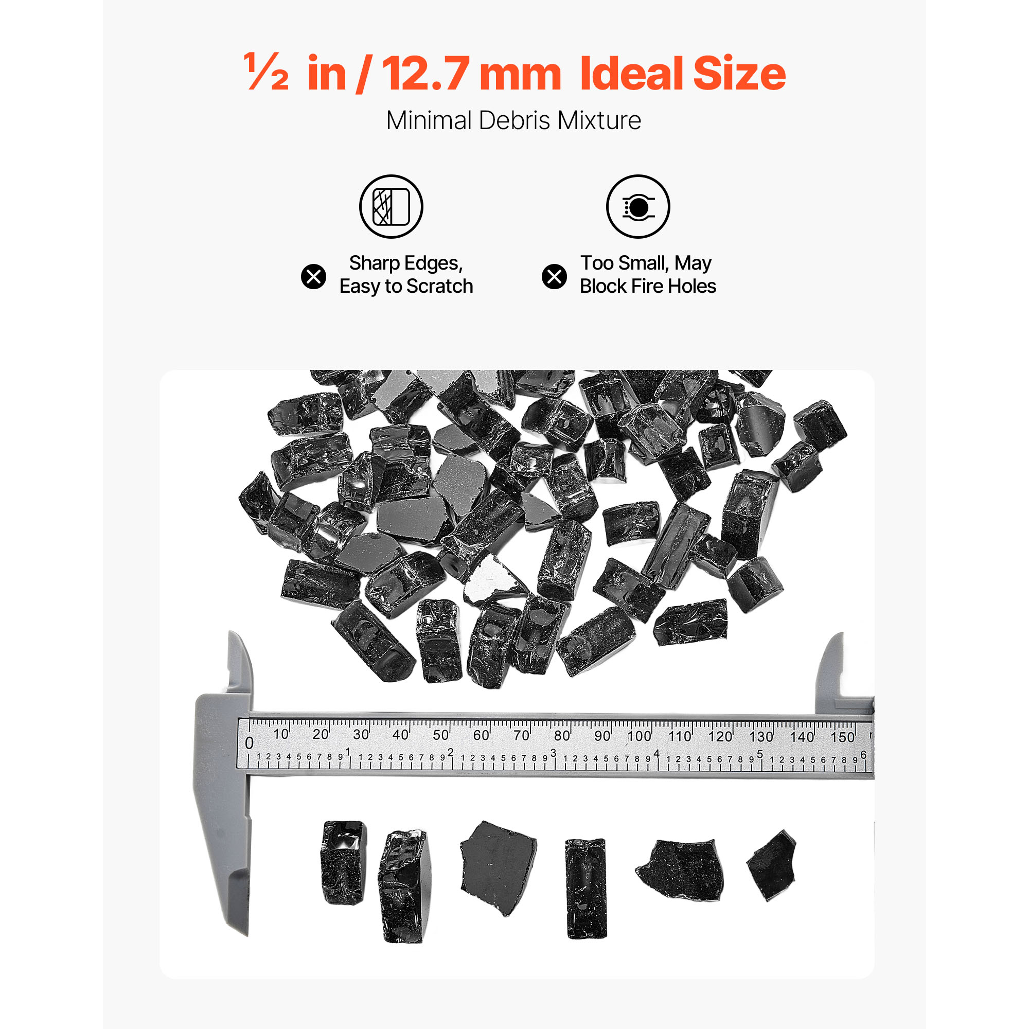 KFFKFF 10 LBS / 4.5 KG High-Temperature Resistant Fireplace Glass, 1/2-Inch Reflective & Smokeless Firepit Stones, Durable Landscaping Glass for Fire Pit Table, Black