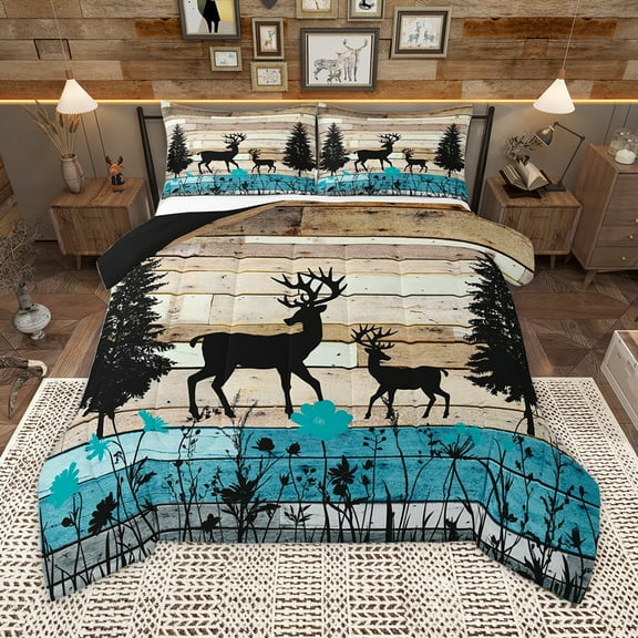 Homewish Safari Moose Deer Bedding Comforter Set,Rustic Farmhouse Cabin Twin Comforter Sets,Brown Black Blue Bedding Set For Boys,Breathable Home Decor Reversible,2 Pieces