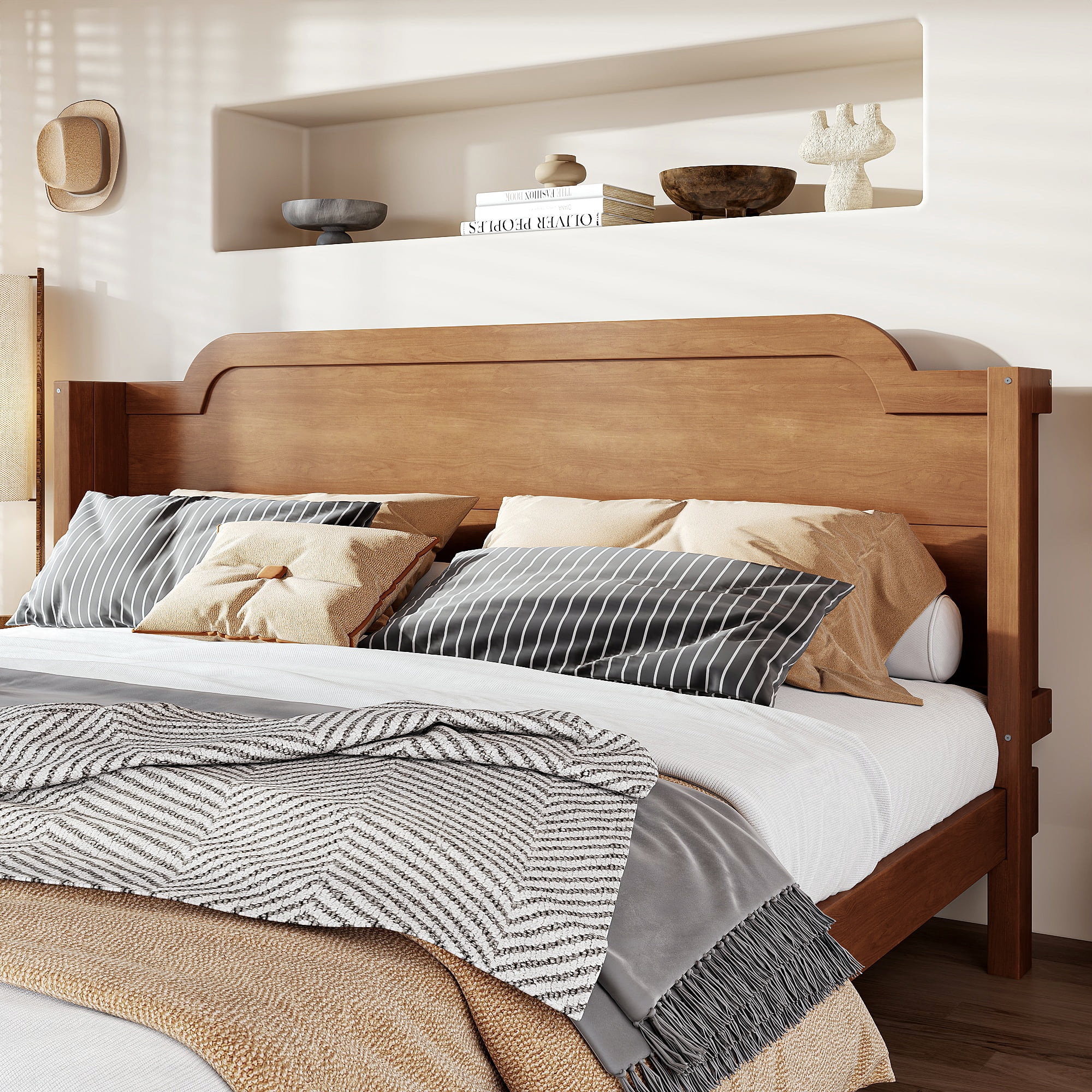 GARITIN King Solid Wood Platform Bed with Headboard, Natural Finish & Minimalist Design, Easy Assembly, No Box Spring Needed Traditional Wood Bed Frame, Natural