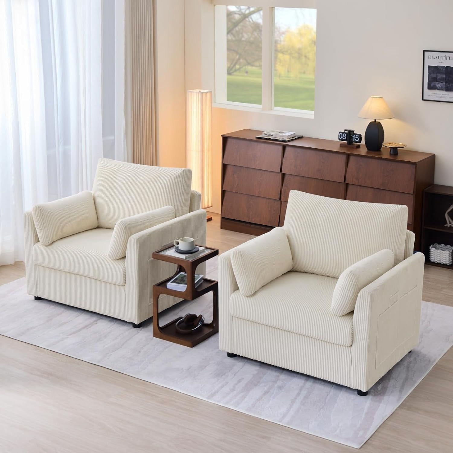 37.75" Corduroy Accent Chair, Modern Upholstered Armchair with Side Storage Pockets & 2 Pillows, Comfy Oversized Single Sofa for Living Room, Beige