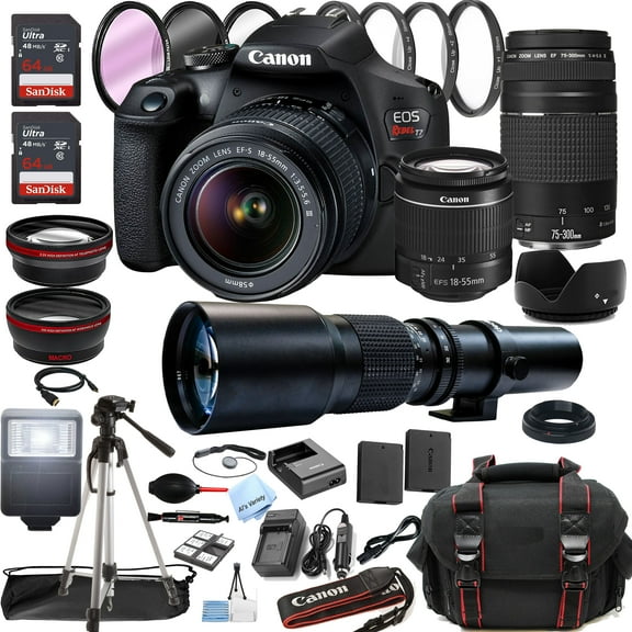 Canon EOS Rebel T7 DSLR Camera w/18-55mm   75-300mm Zoom Lenses   500mm Preset Lens   128GB Memory   Case   Tripod   Filters -38pc Bundle