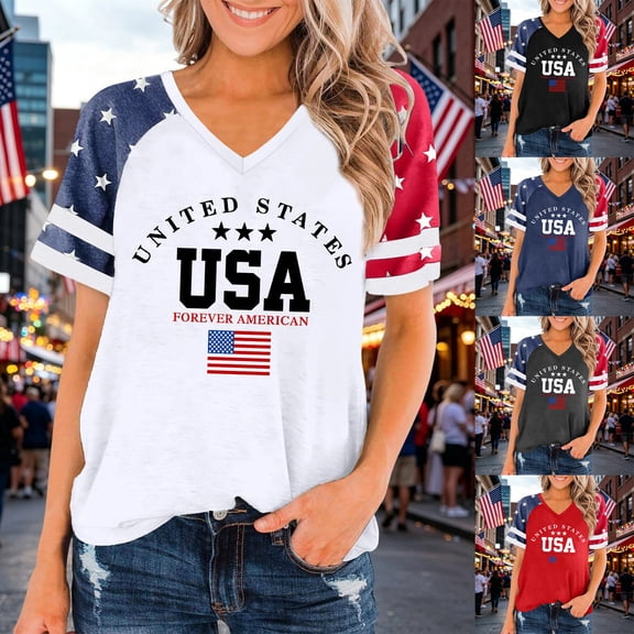America 250 Tshirt Women's Casual Solid V Neck Short Sleeve Tee Everyday Tshirts for Women Black L