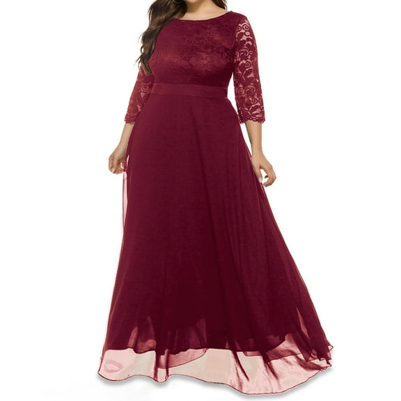 cfhntfmh Plus Size Dresses for Women Crewneck Lace 3/4 Sleeve Flowy Dress Loose Party Cocktail Mesh Long Maxi Dress