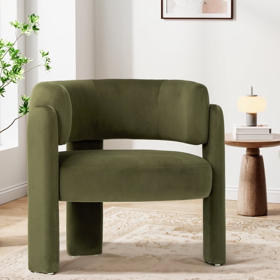 AFO Modern Barrel Accent Chair Upholstered Club Chair with 7.5" Extra Thick Cushion Unique 3-Leg Reading Armchair for Living Room Bedroom Vanity Green