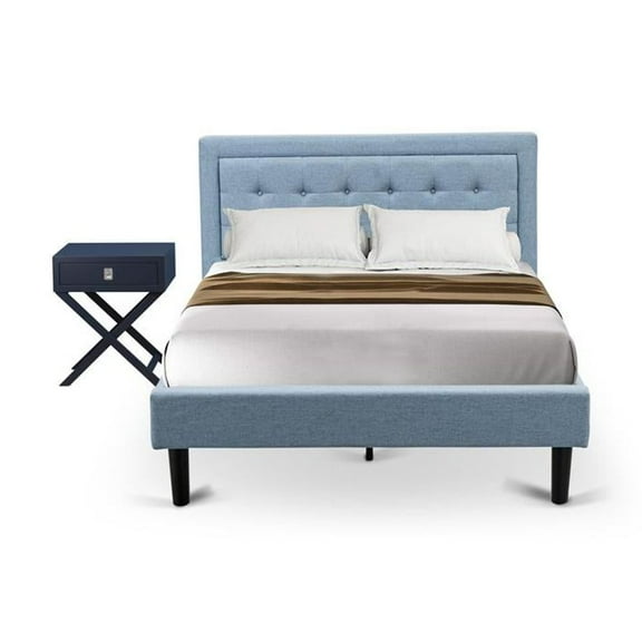 East West Furniture FN11F-1HA15 2-Pc Fannin Full Size Bedroom Set with 1 Wood Bed Frame and a Mid Century Modern Nightstand - Denim Blue Linen Fabric