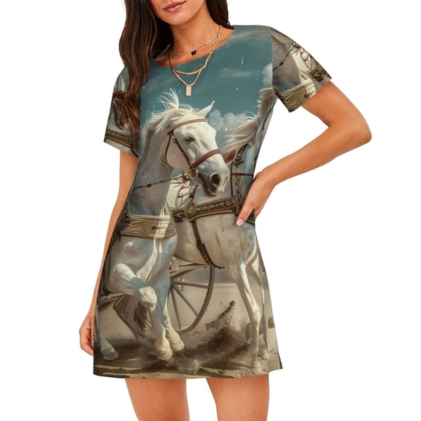 Balery Roman Chariot Horse Race Camisón de manga corta con cuello redondo para mujer, cómodo y elegante.