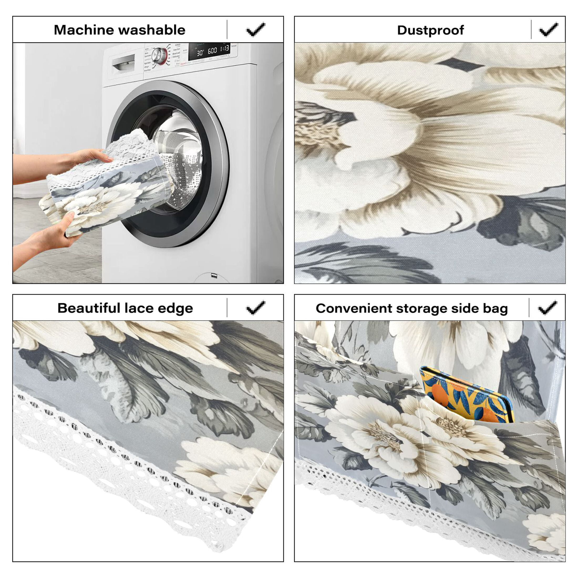White Peony PatternWasher and Dryer Covers Dust-Proof and Oil Resistant Fridge Cover with 4 Storage Pockets Washing Machine Top Cover for Laundry Kitchen Home 51.2 x 22 In