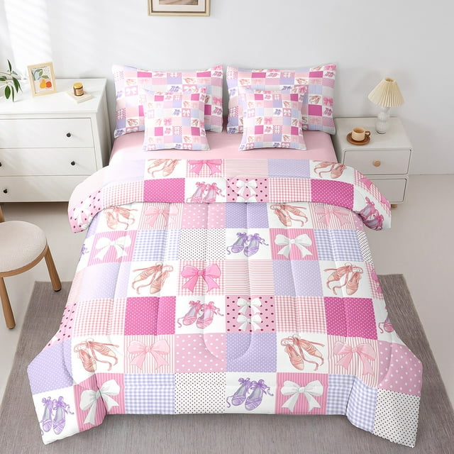 Pink Patchwork Twin Size Bed in a Bag, Girls Pink Bowknot Comforter Set 7 Piece Cute Ballet Shoes Pattern Bedding Sets, Princess Style Plaid Sheet Set with Comforter, Pink Purple