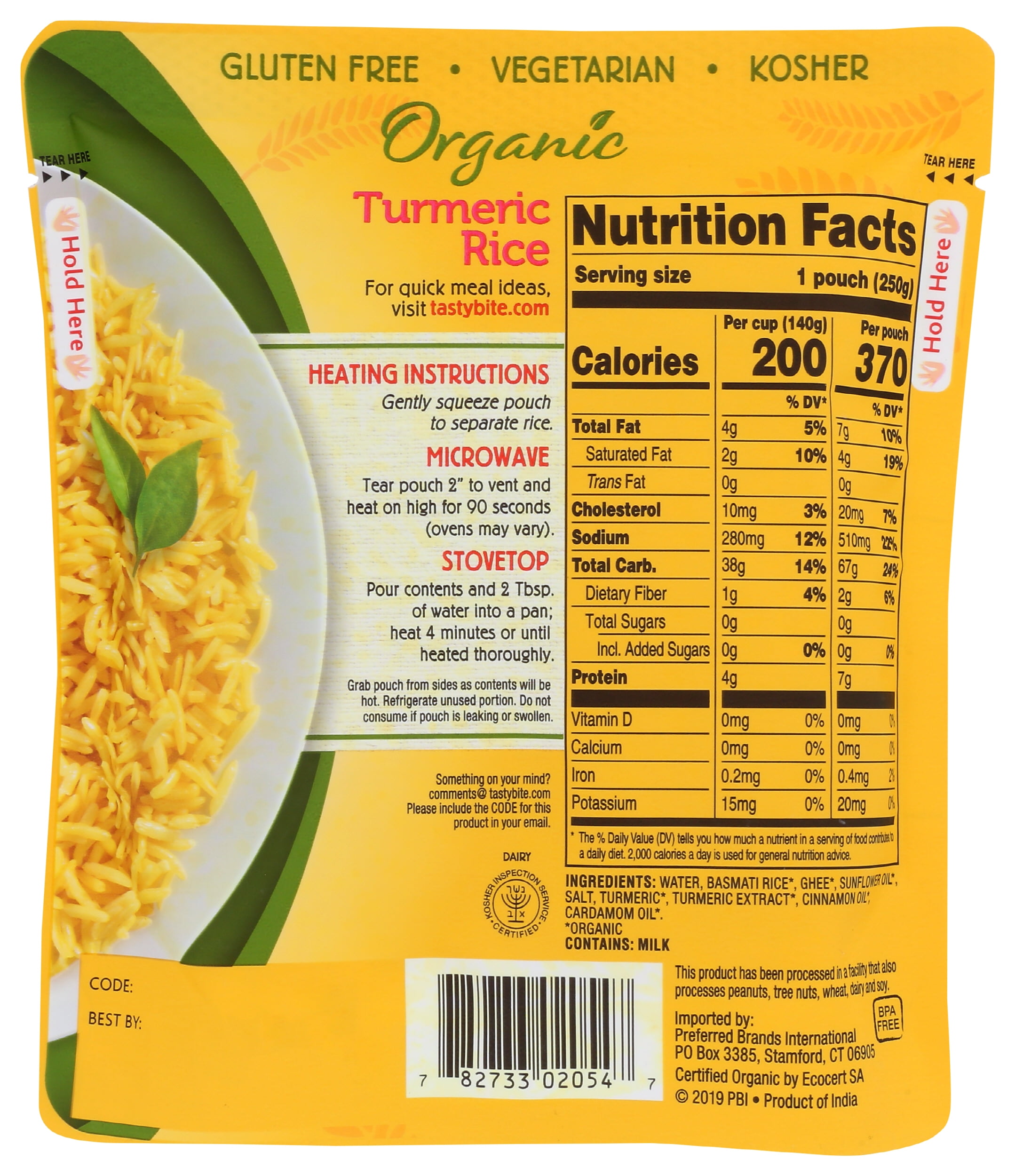Tasty Bite Organic Turmeric Rice 8.8 Ounce, Pack Of 12