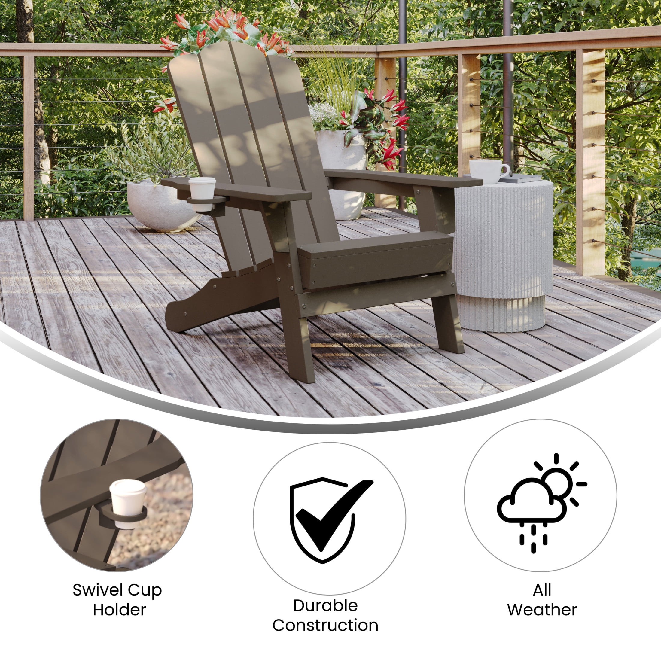 BizChair Adirondack Chair with Cup Holder, Weather Resistant HDPE Adirondack Chair in Brown