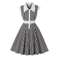 thumbnail image 1 of Ropa Vintage de los años 50 con rayas blancas y negras para mujer, cuello vuelto, botones, bolsillos con cinturón, vestido acampanado, 95% algodón oso de fresa Juguete, 1 of 6