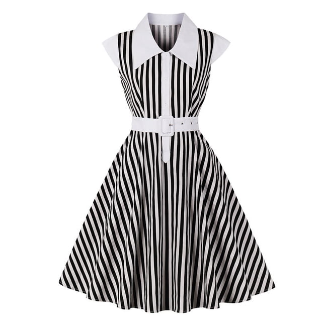 Ropa Vintage de los años 50 con rayas blancas y negras para mujer, cuello vuelto, botones, bolsillos con cinturón, vestido acampanado, 95% algodón oso de fresa Juguete