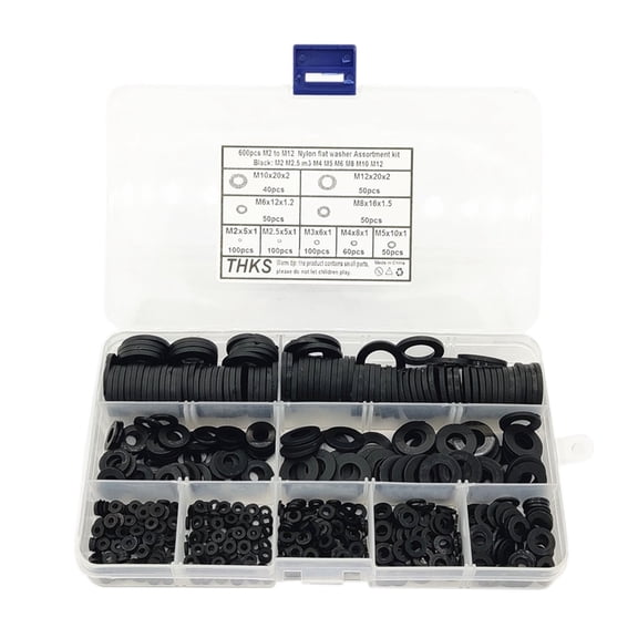 600Pcs Black Nylon Rubber Flat Washer Assortment Kit for M2 M2.5 M3 M4 M5 M6 M8 M10 M12 Plain Repair Washer Furniture Gasket Kit