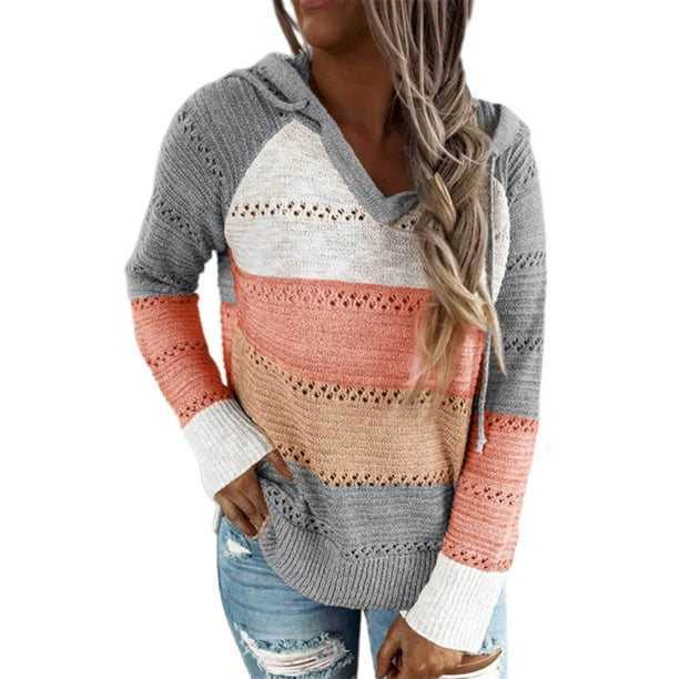 Hooded plain loose clearance long sleeve knitting sweaters