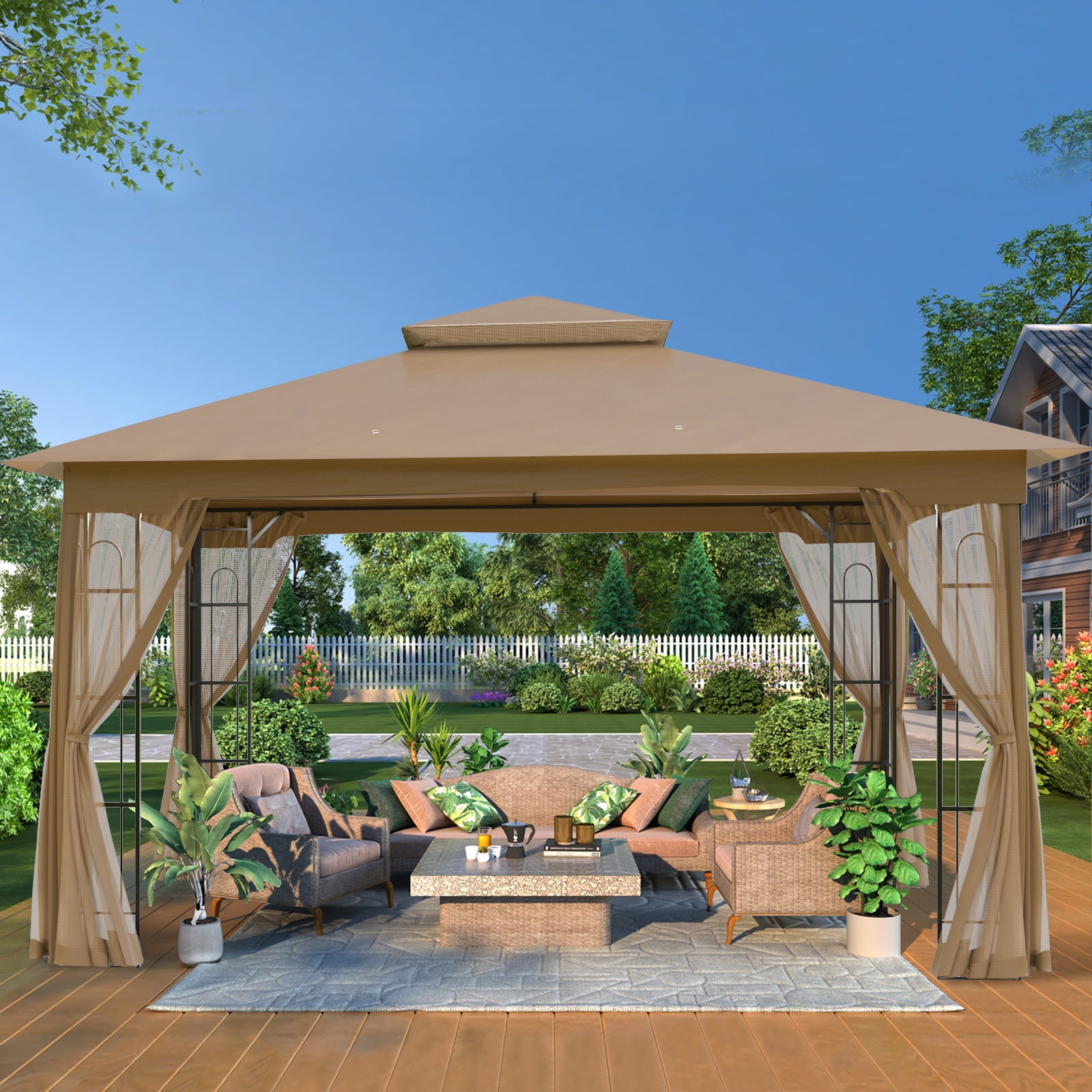 INTER HUT 13x11 Metal Patio Gazebo, Outdoor Gazebo Canopy Tent for Backyard with Mesh Privacy Curtains