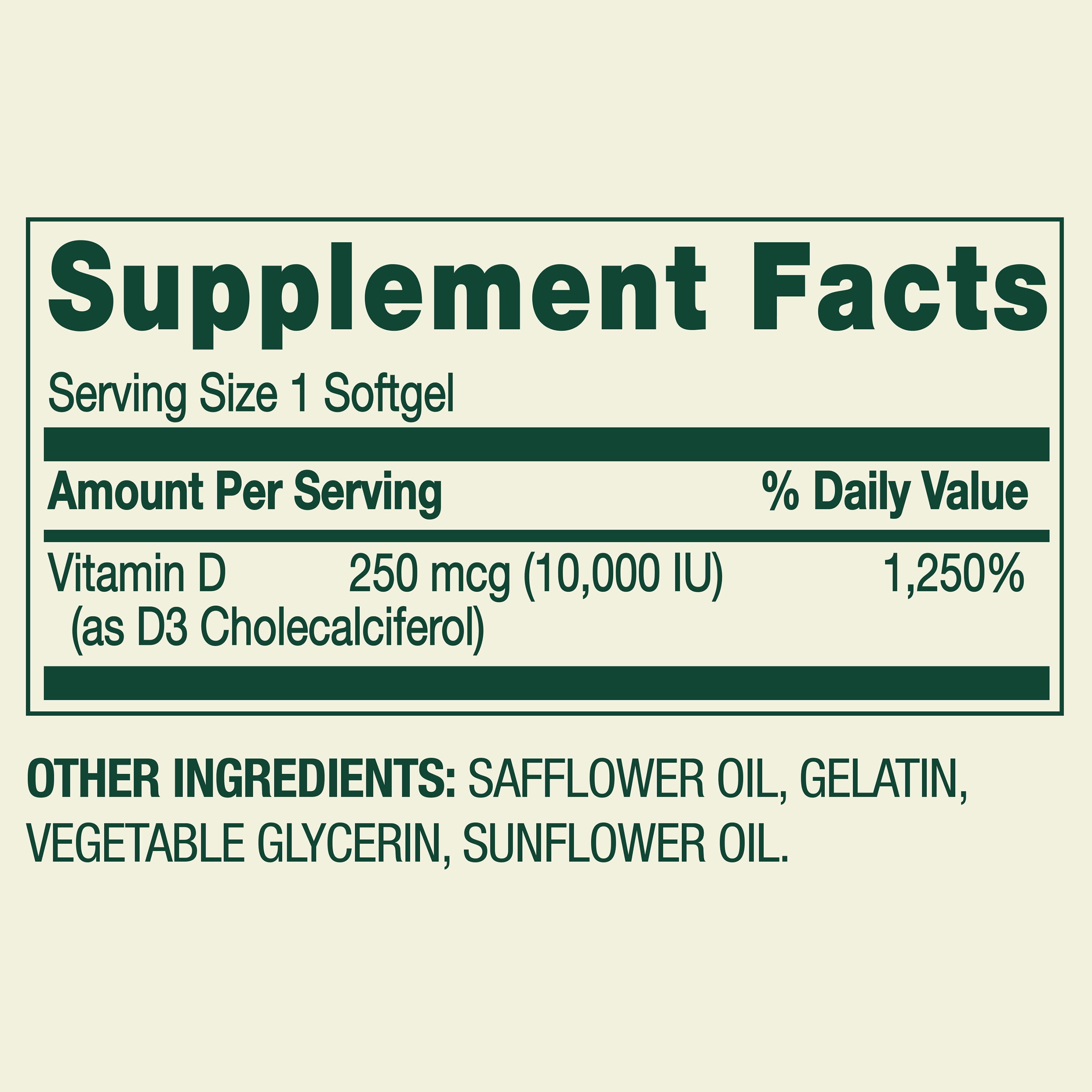 Spring Valley Vitamin D3 Softgels, 250 mcg (10,000 IU), 200 count, Supplement for Bone and Immune Health
