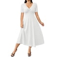 thumbnail image 2 of Ayolanni Dresses for Women V-Neck Solid Casual Short Sleeve Maxi A-Line Dress Lace Patchwork Dressy Vacation Wedding Guest Fitted Waist Sundress White S, 2 of 9