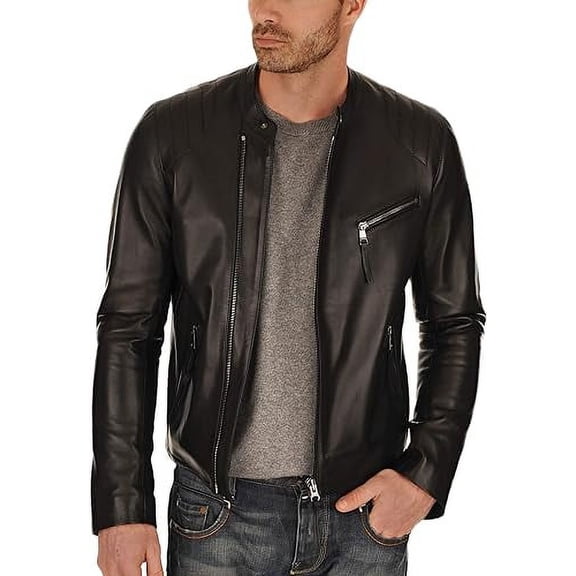 Men's Genuine Lambskin Leather Jacket Biker Soft Stylish Motorcycle Jacket MJF018