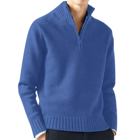 JTieacloth Men's Knit Pullover Sweater Male Casual Simple Bottom Sweater Solid Color Warm Wool Knit Half Zip Long Sleeve Sweater(Blue)