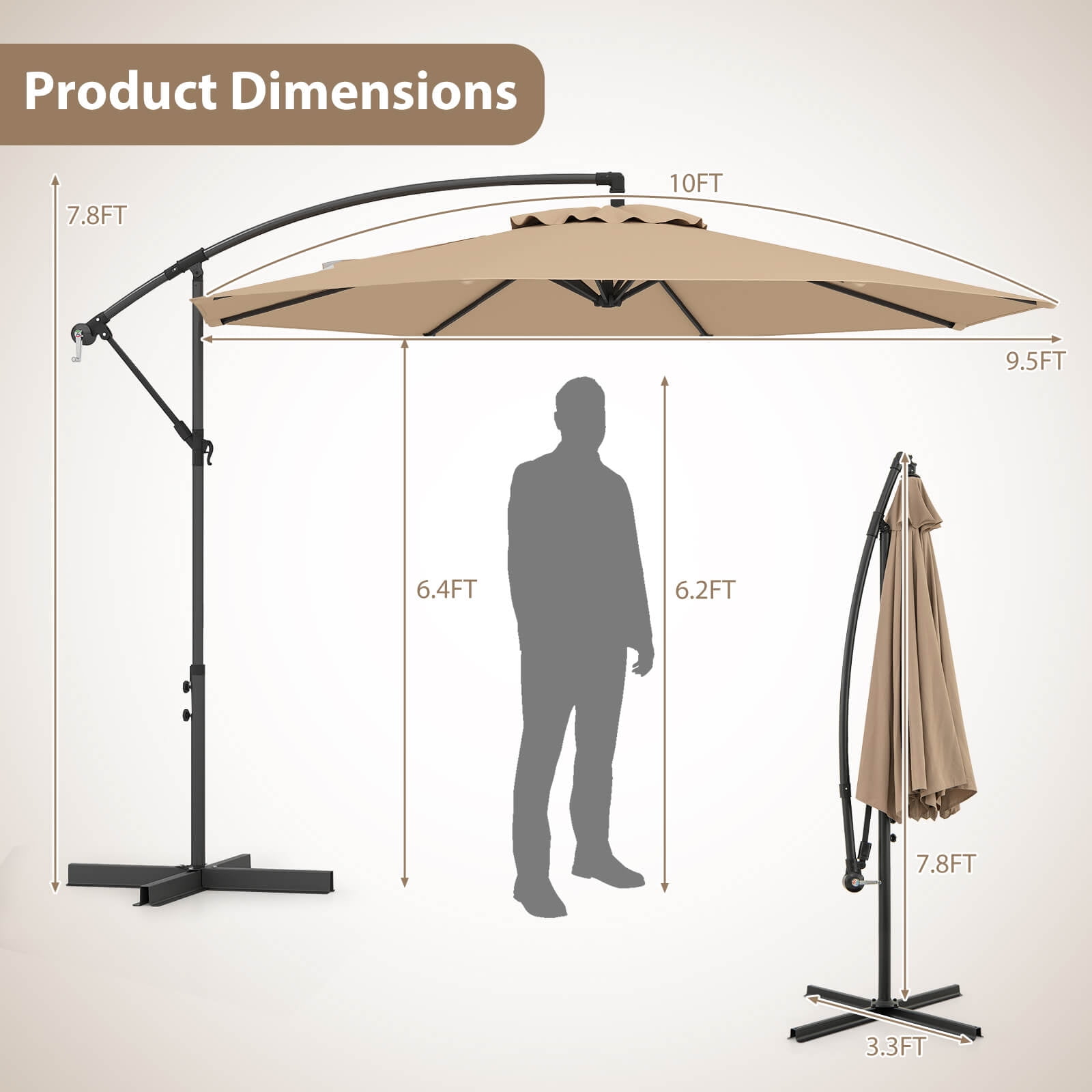 Costway 10ft Tan Patio Offset Hanging Umbrella, Fade Resistant