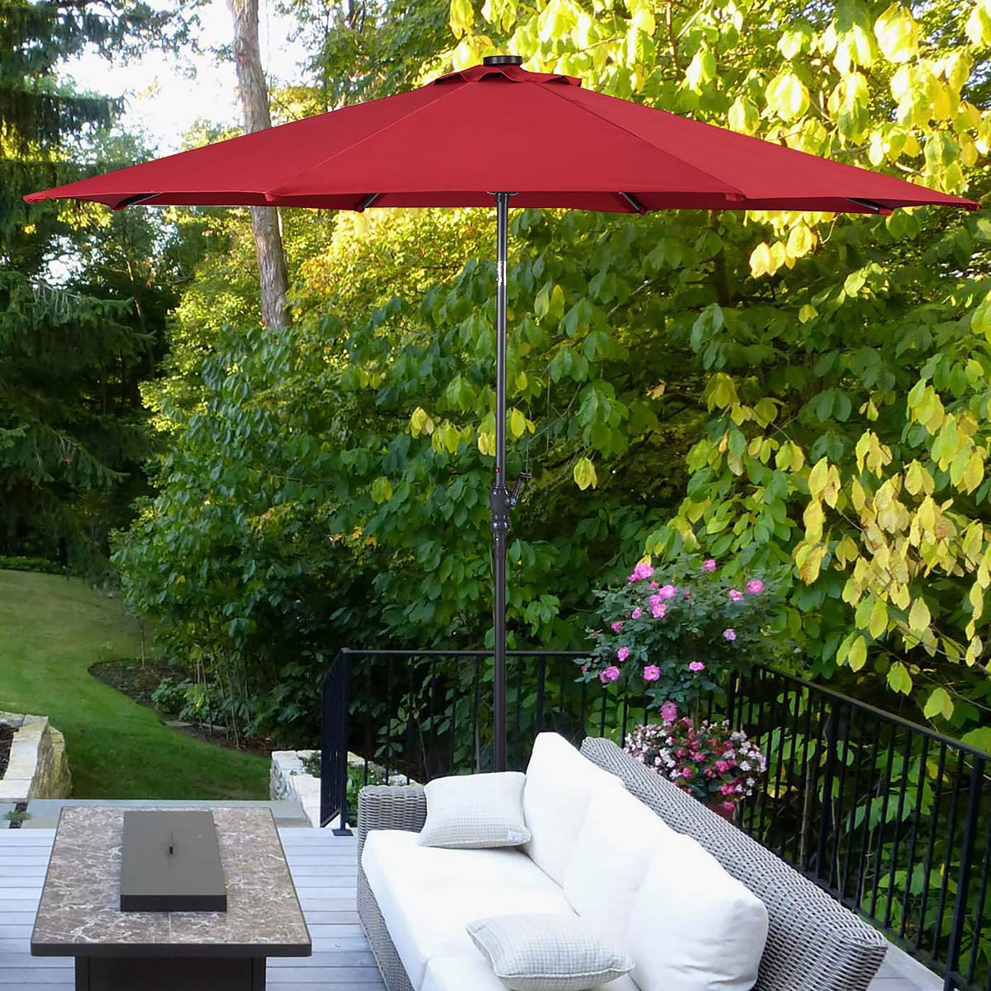 Costway 10ft Solar Lights Patio Umbrella Outdoor W/ 36 LBS Steel Umbrella Stand,  Patio Umbrella Outdoor W/ 50 LBS Movable Umbrella Stand, Burgundy