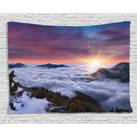 Nature Tapestry, Winter Landscape in the Mountains Sunset Majestic Scenes from the World Photo, Wall Hanging for Bedroom Living Room Dorm Decor, 60W X 40L Inches, Muave White Brown, by (World Best Nature Photos)