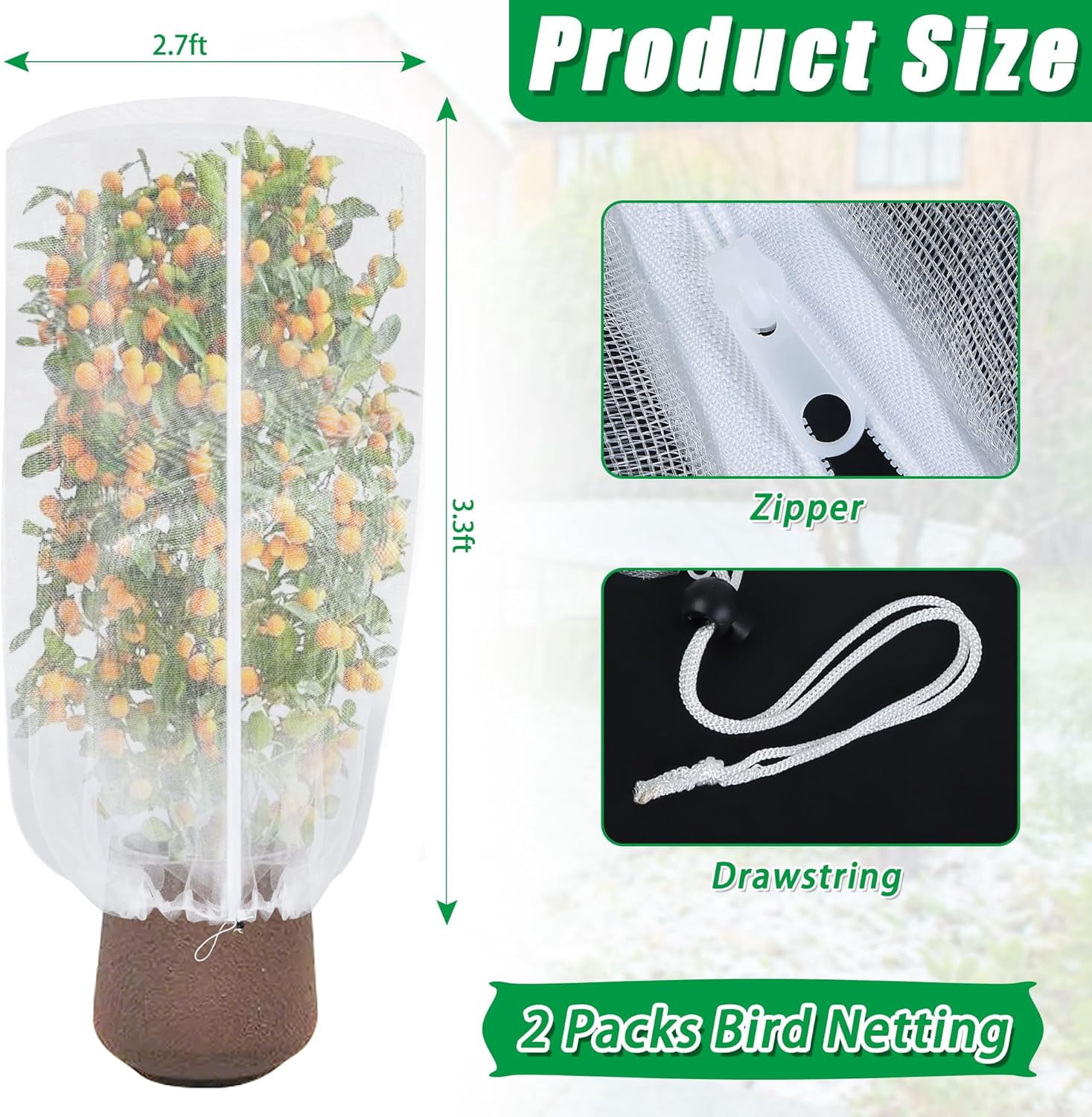 2 Pack Garden Netting for Plant, 2.7x3.3ft Round Top Bird Netting Pest Barrier Mesh with Zipper and Drawstring, Plant Cover Bag for Blueberry Bushes, Small Fruit Tree and Vegetables