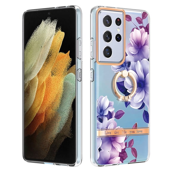 Compatible for Samsung Galaxy S21 Ultra Case with Ring Kickstand Holder Clear Floral Pattern Hybrid PC TPU Shockproof Protective Phone Case Cover for Galaxy S21 Ultra Women Girls, Purple Flower