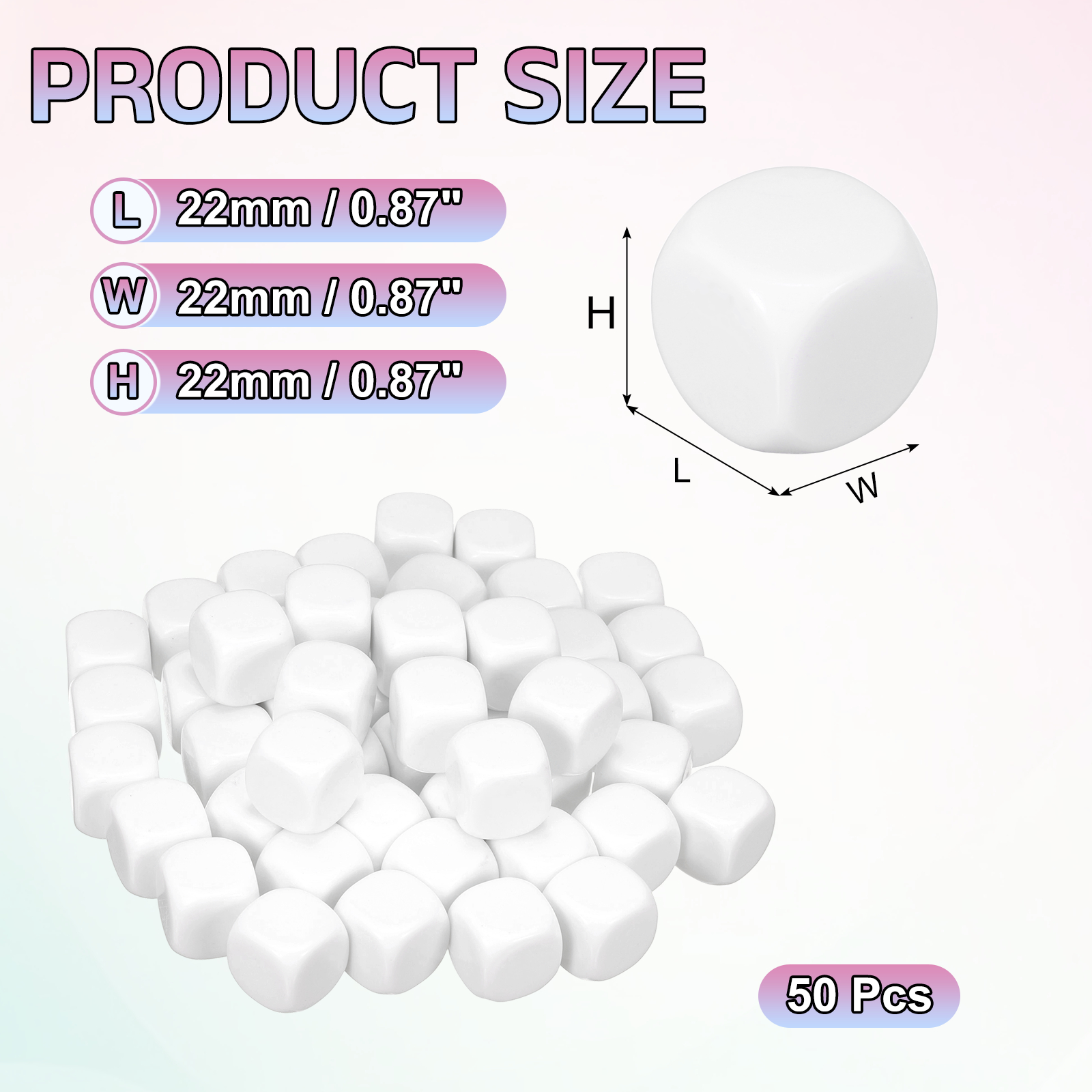 50Pack Acrylic Blank Dice, 22mm/0.87" Acrylic Rounded Corner Six Sided Blank White Dice Blocks with Smoothed Surface for Board Games Party Fun