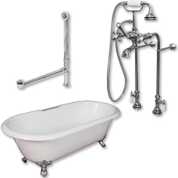Cambridge Plumbing DE67-398463-PKG-CP-NH Cast Iron Double Ended Clawfoot Tub, Polished Chrome - 67 x 30 in.