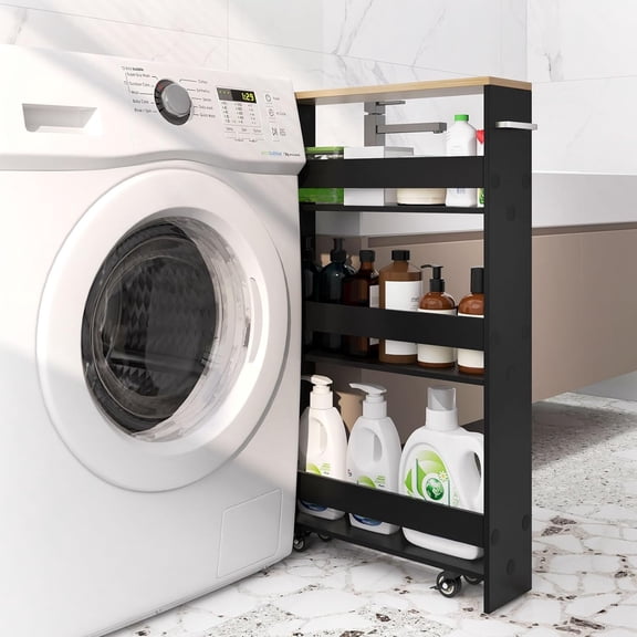 Slim 4 Tier Rolling Storage Cabinet - Space Saving Kitchen Utility Cart Tower Rack, Black