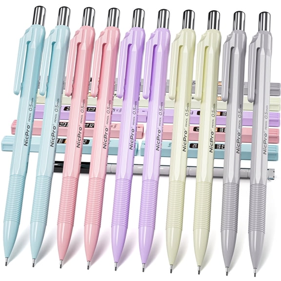 Nicpro 10 Pack 0.5 mm Mechanical Pencil Bulk Set with Case, Cute Candy Pastel Art Drafting Pencils 0.5mm with 10 Tube HB Lead Refills, 12 Eraser Refills