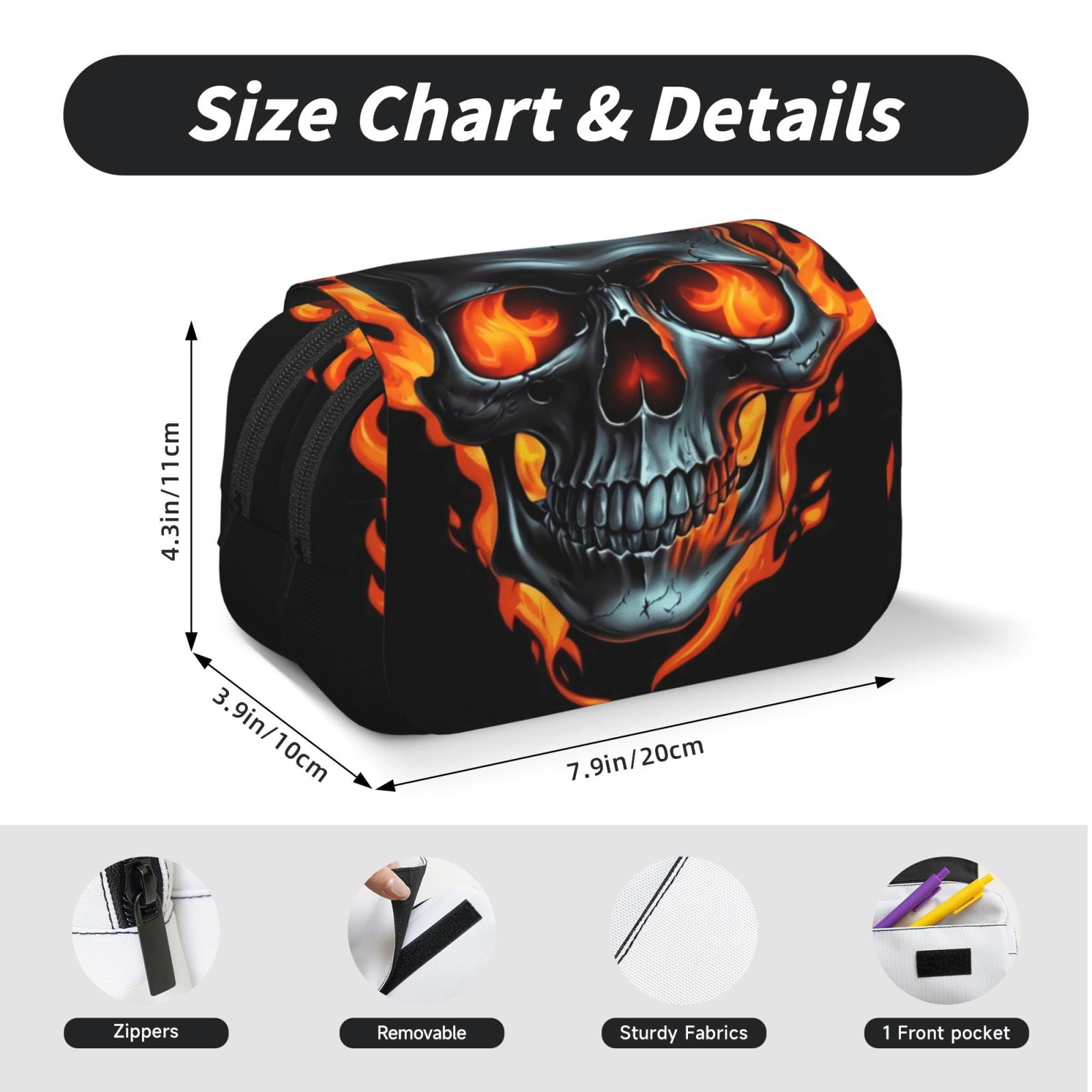 Rateoe Flame Metal Skull Pattern Double Clamshell Pen Case, Storage Organizer with Two Zipper Compartments– Holds Up to 50 Pencils & Pens
