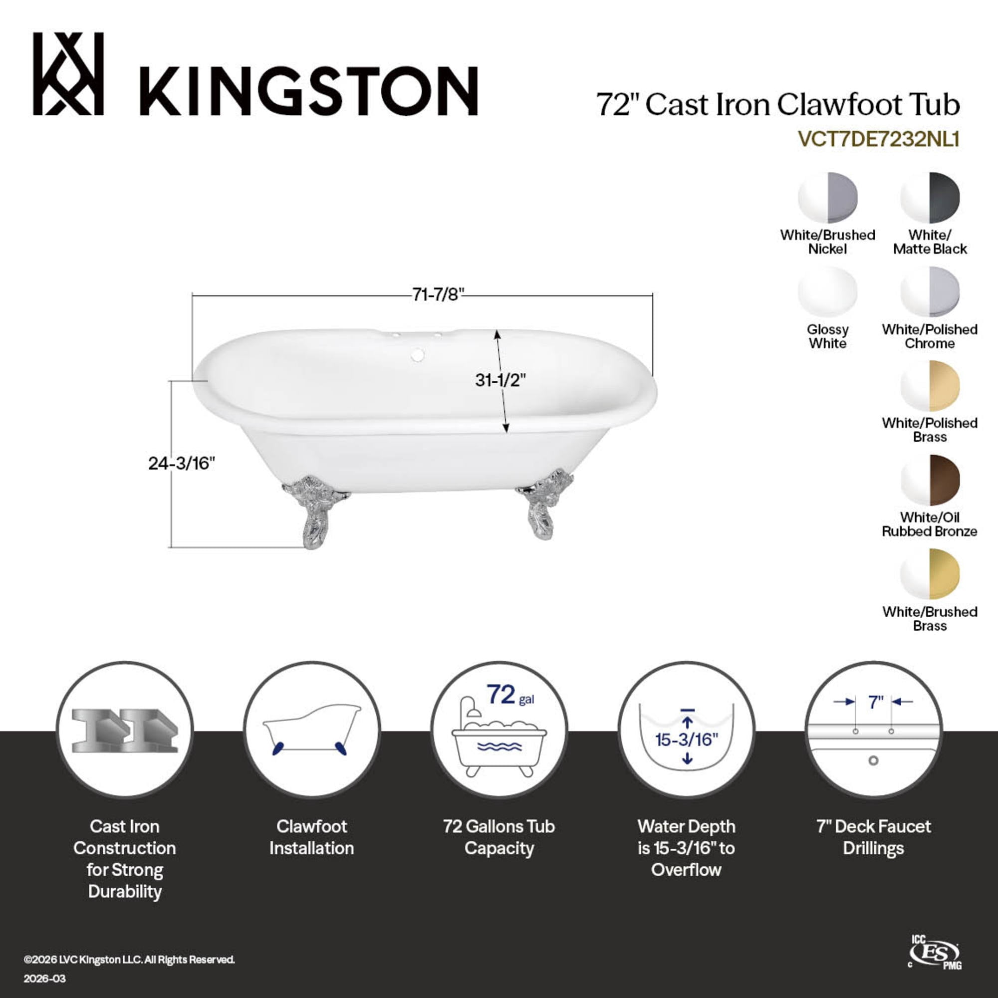 Aqua Eden VCT7DE7232NL7 72-Inch Cast Iron Oval Double Ended Clawfoot Tub (7-Inch Faucet Drillings) in White/Brushed Brass