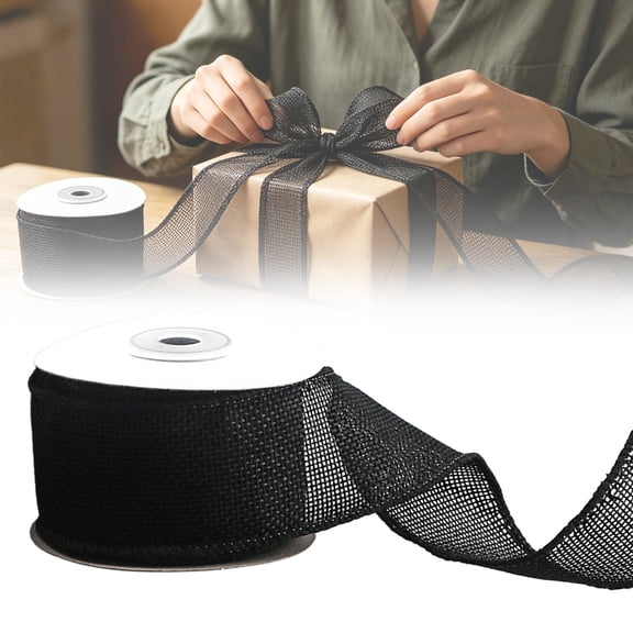 Black Burlap Wired Ribbon for Gift Wrapping Solid Ribbon with Wire Edge for Big Bow,Wreath,Xmas Tree Decoration,Flower Bouquet Bow Making Wedding Birthday Christmas Decor Jute Rustic Line Ribbons