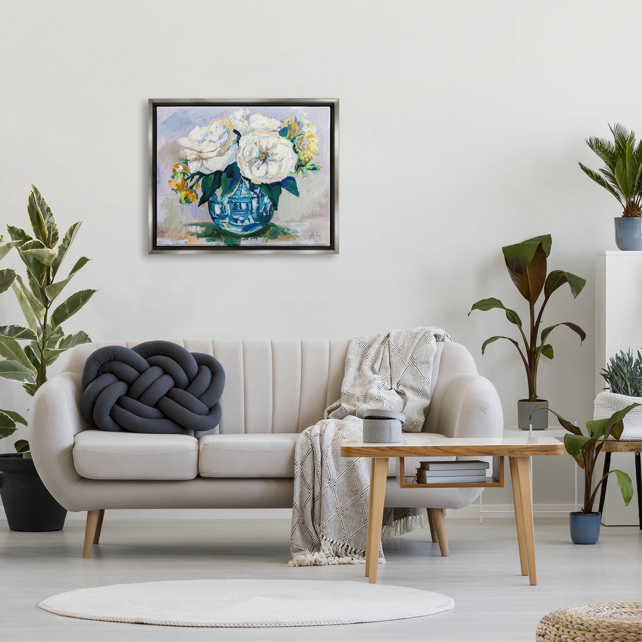 Stupell Industries Bold Modern Flower Bouquet Blossoms Painting Luster Gray Floating Framed Canvas Print Wall Art, Design by Jeanette Vertentes