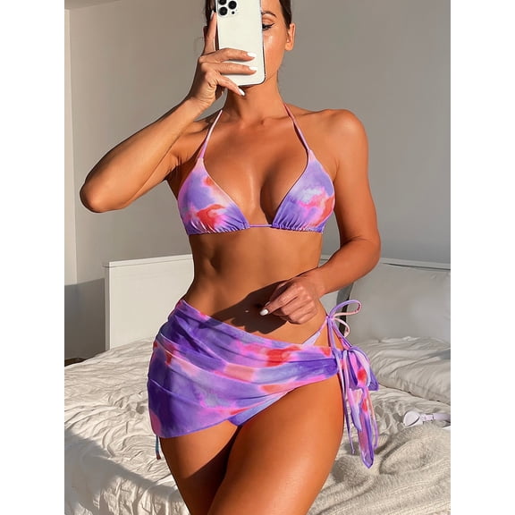Trendy Tron Tie-Dye Halter Triangle Bikini Set with Stylish Cover-Up Skirt for Summer Beach Vibes