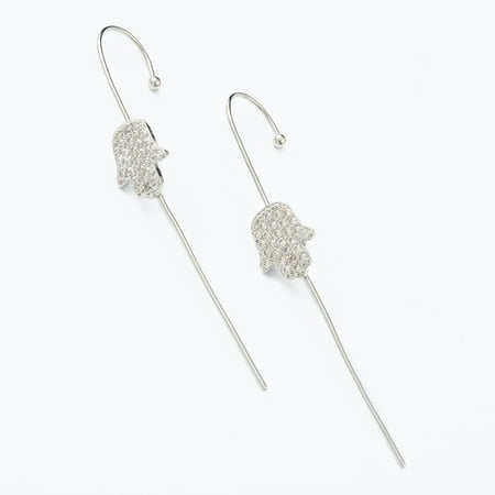 Brass Micro Pave Clear Cubic Zirconia Ear Wrap Crawler Hook Earrings Hamsa Hand/Hand of Miriam Platinum 57x9mm Pin: 1mm