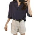 thumbnail image 2 of Women's Three Quarter Sleeves Striped Print V Collar Cotton Shirts Casual Blouses, 2 of 7