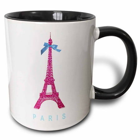 3dRose Hot Pink Eiffel Tower from Paris with girly blue ribbon bow - White stylish Parisian France souvenir - Two Tone Black Mug,