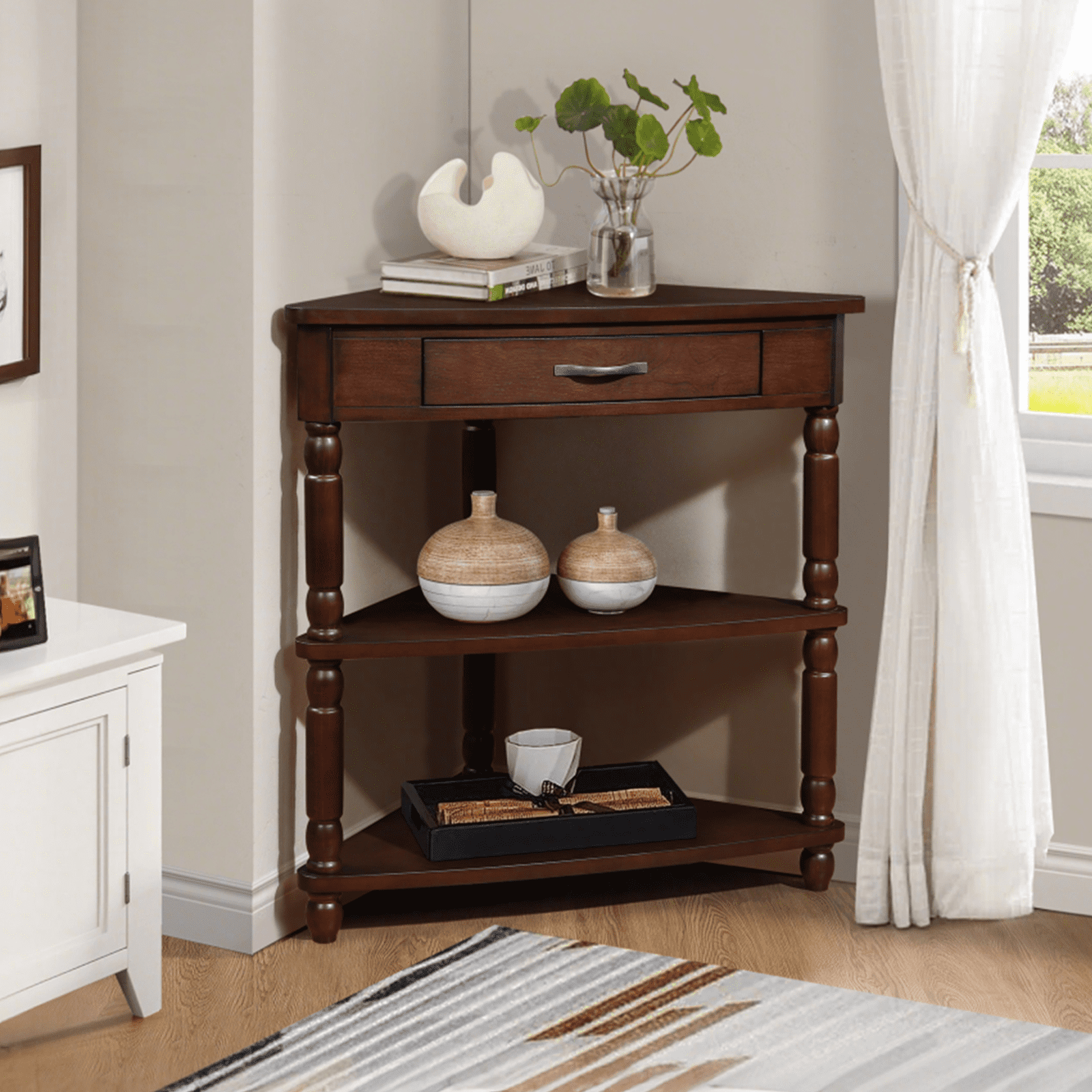 3-Tier Corner Shelf Unit for Small Spaces - Triangular Storage Rack with Solid Wood Legs, Multi-Functional Apartment & Living Room Furniture, Easy Assembly (Light Espresso )