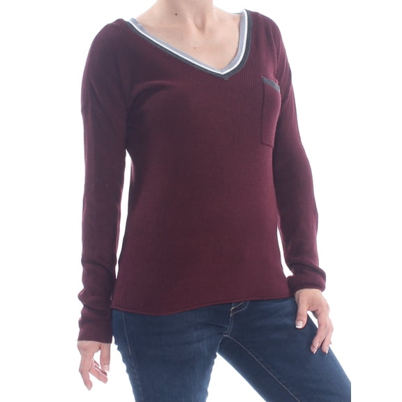 HIPPIE ROSE Womens Burgundy Pocketed Long Sleeve V Neck Top Juniors S