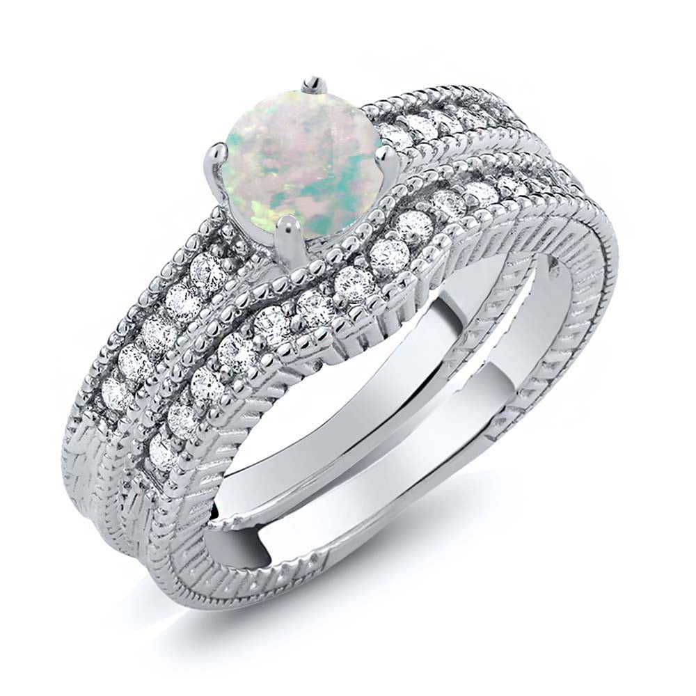 1.00 Ct Round Simulated Opal Women's 925 Sterling Silver Engagement Ring Set by
