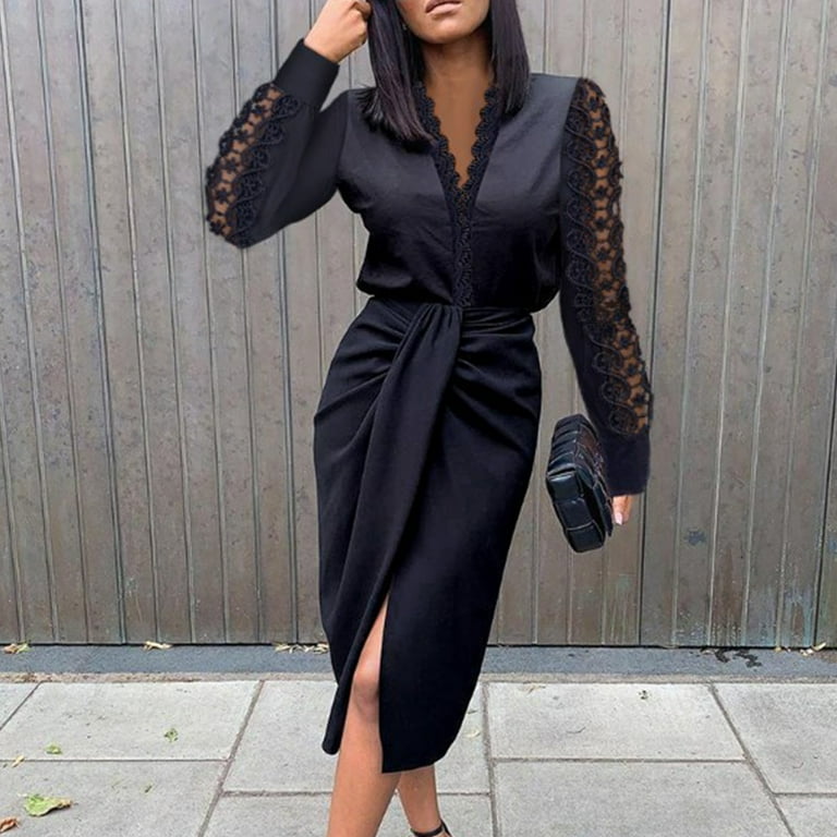 Upioiwer Beach Outfits Funeral Dress De Mujer Casuales Women S V Neck Soft Dress Lace Solid Sexy Elegant Dress Long Sleeve Wrapped Hip Waist Dress Party Slim Dress Lace V Neck Pink Easter Dress Women