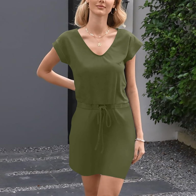 DeHolifer Women's Dresses Solid Color V-Neck Short Sleeve Draw Rope Elastic  Waist Pocket Pullover Dresses Army Green XL - Walmart.com