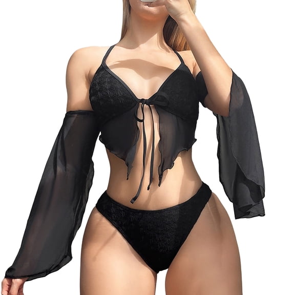 Afdoent Womens Bikini Sets Women's Three Piece Swimsuit Women's Solid Color Lace Up Beach Bikini Swimsuit Vacation Outfits